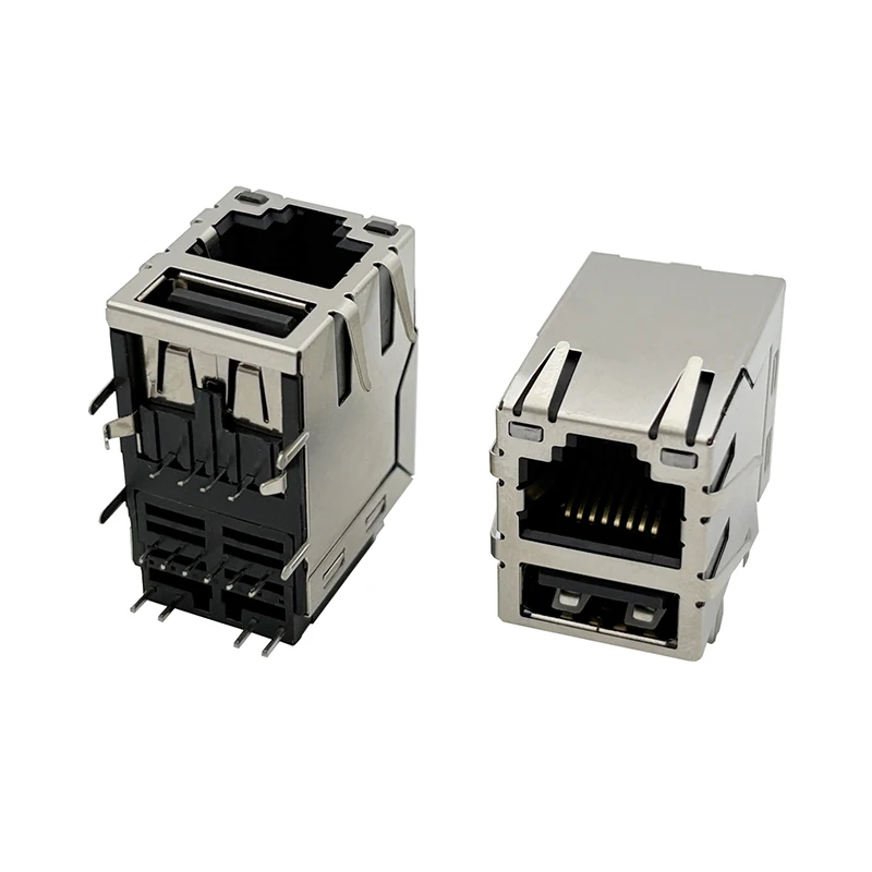

5PCS RJ45 top-left and top-right two pins single-layer USB 2.0 with light indicator Gigabit transformer black plug interface
