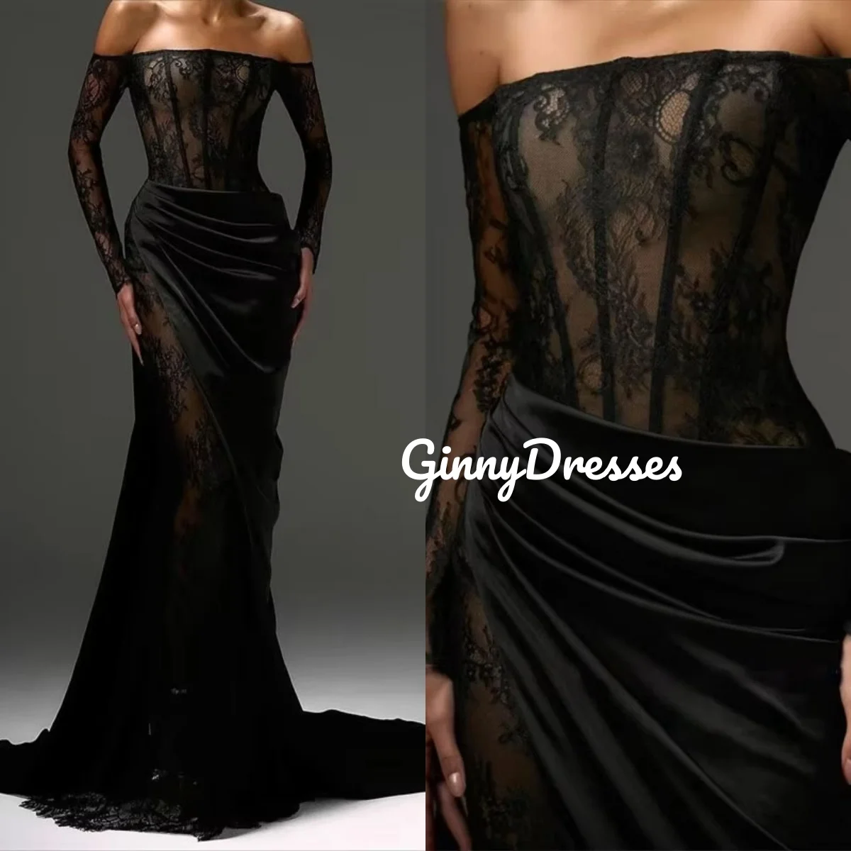 

Evening Dress Customize Long Sleeves Floor-Length Zipper Up Ruffle Dresses For Special Events Mermaid Off-The-Shoulder Vestidos