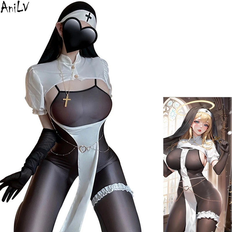 AniLV Anime Girl Medieval Nuns Uniform Role Play Sexy Lingerie Halloween Nightclub Women Temptation Outfits Erotic Costumes