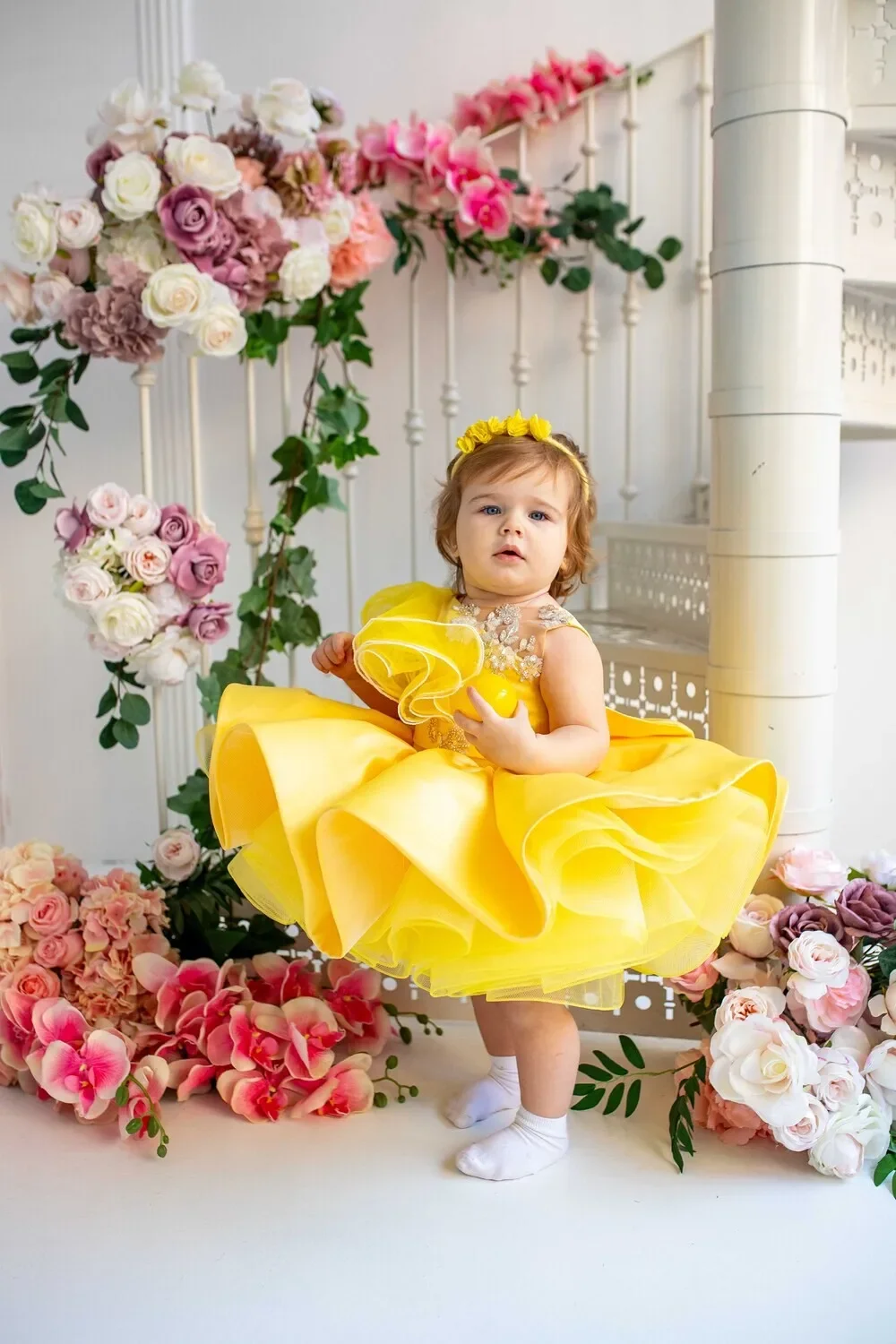 Lovely Yellow Flower Girl Dress Baby First Communion Gowns Wedding Thin Length Bow Belt Kids Birthday Gift Ball Party Clothing