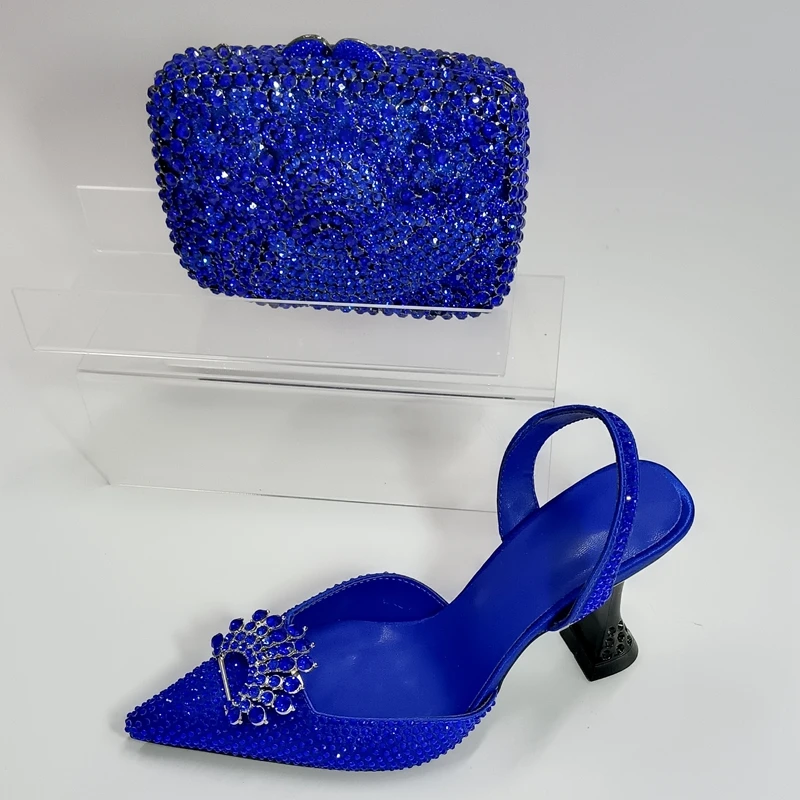 

INSIGHTLINK Lady Blue Color Rhinestones high-heeled sandals And bag Set Gems Leather Shoes with Clutch Women's High Heels shoes