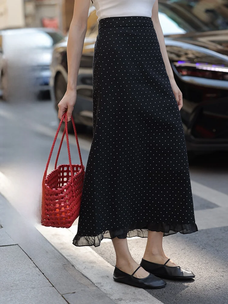 

Ele High Waist Polka Dot Lace Splice f Skirt Women's Summer Slimming Split Midi Skirt by Mixd Sophistied Bla