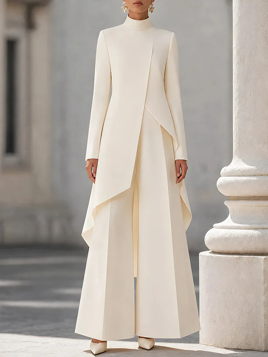 Women Two Piece Outfit Mock Neck Long Sleeve Irregular Asymmetrical Hem Top High Waist Wide Leg Pants Formal Suit Set