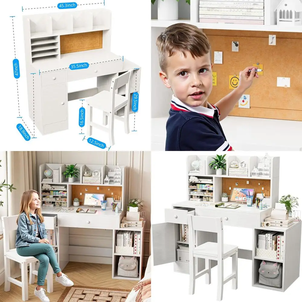 

Children's Wooden Study Desk with Hutch, 2 Drawers, 4 Cabinets, and Storage Shelves for Girls' Bedroom