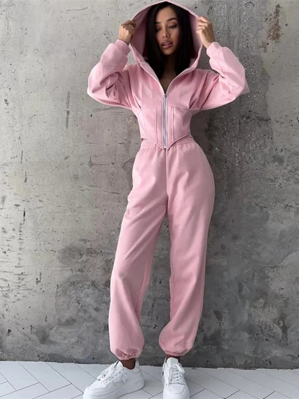 

Faionable Hoodie Top Pants Set Women's Casual Sportswear Long Sve Zipper High Waist Straight Leg Pants Autumn Winter
