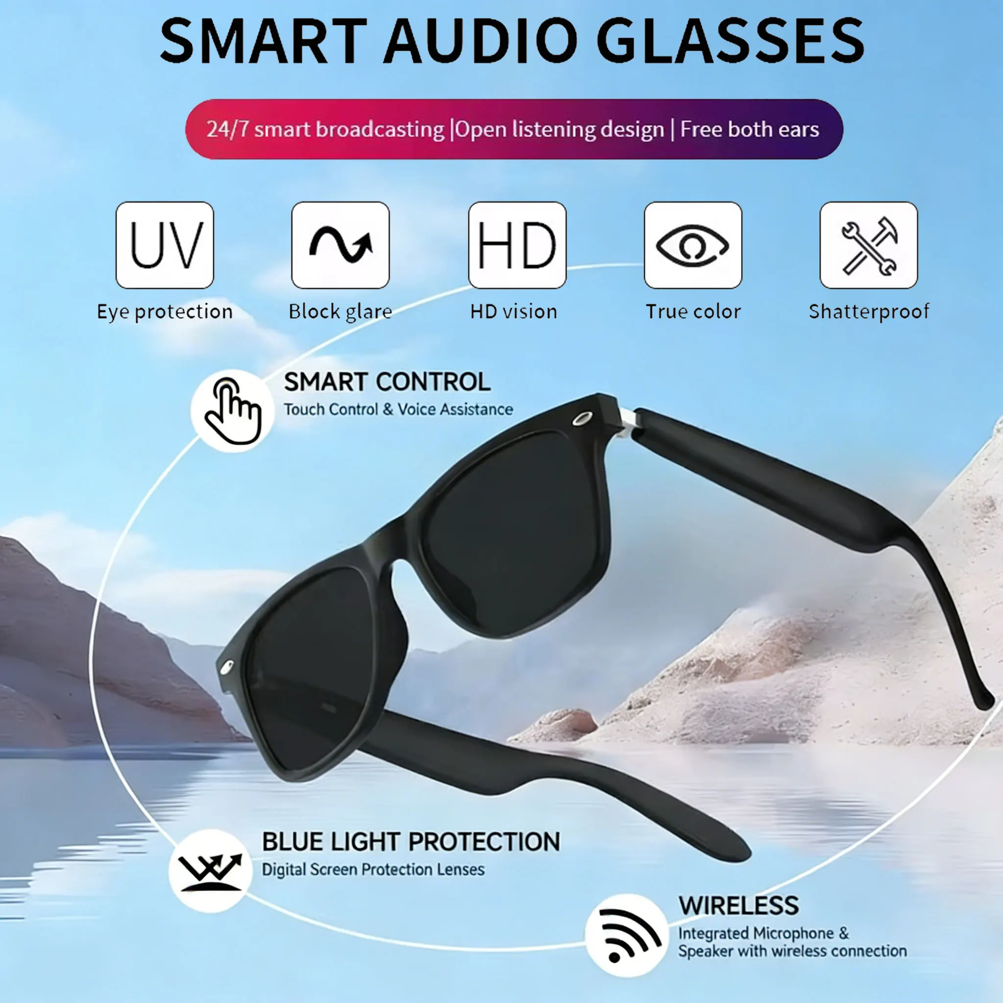 New Smart Glasses Bluetooth Call Sunglasses Multi-functional Anti-Blue Light Sunglasses Wireless Headset Men Women