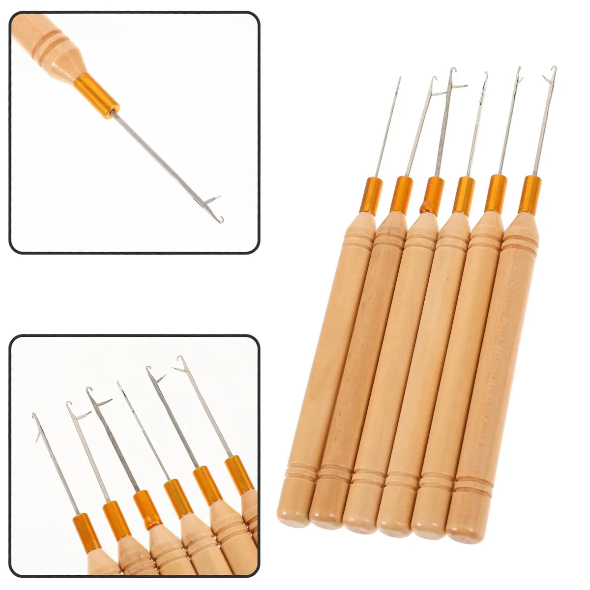 5Pcs Wood Handle Crochet Hooks Needle Wig Hair Extensions Threader Pulling Knitting Tools