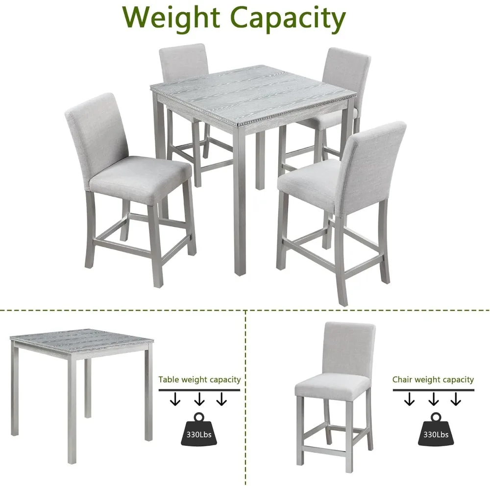 طقم طاولة طعام بارتفاع لـ 4 أشخاص، طقم طاولة مطبخ من الخشب الصلب مع 4 كراسي منجدة للمطبخ وغرفة الطعام والمنزل #4