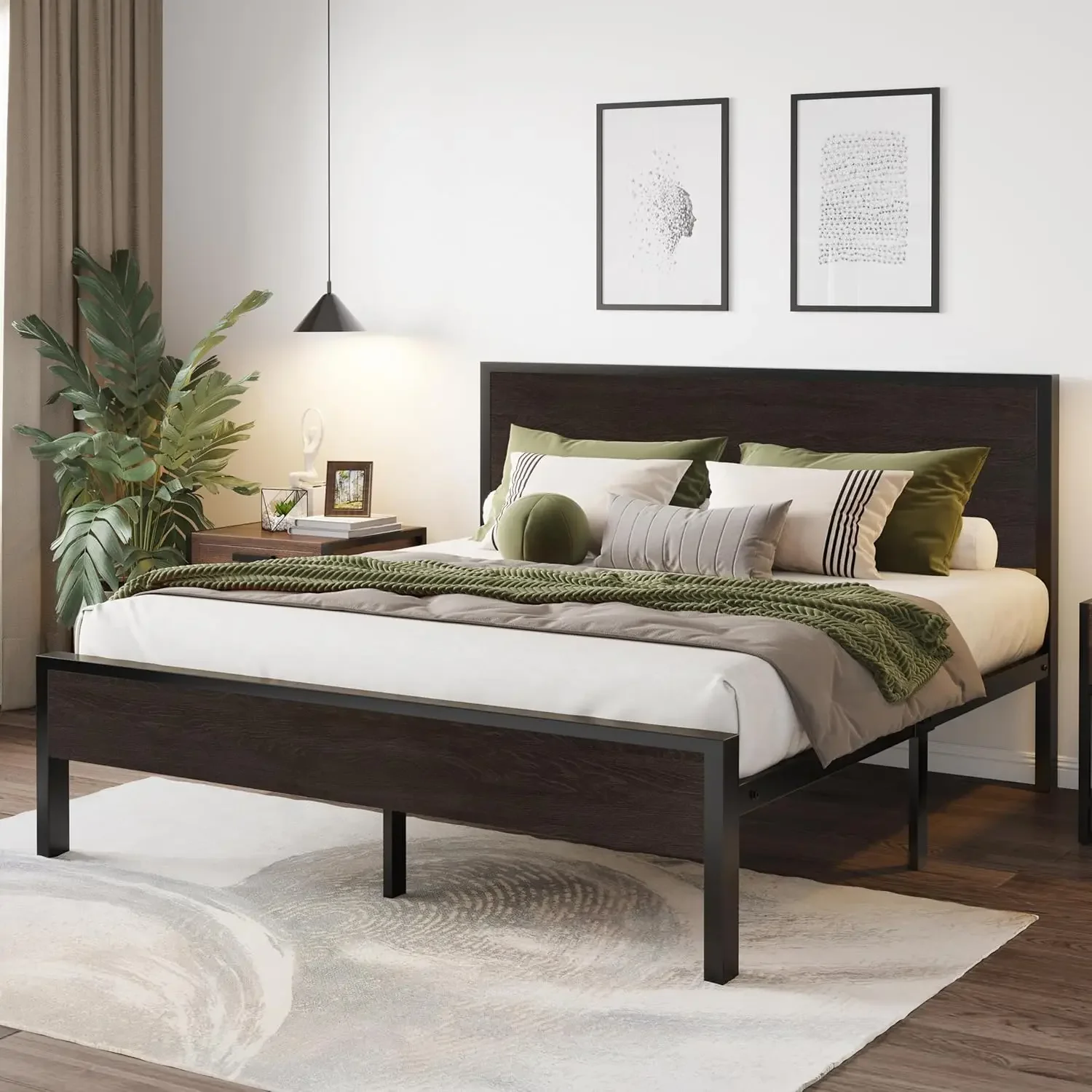 

Heavy Duty Platform Bed with Under-Bed Storage, Solid Metal Construction, No Box Spring Needed, Easy Assembly, Black Oak