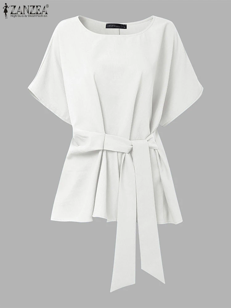 

Lace-Up Belt Blouse Women Short Sleeve Tops Solid Color Tunic Fashion 2025 ZANZEA Elegant Office Tops Blusas Irregular Pullover