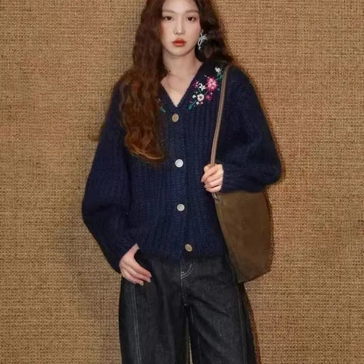 

Gagaok Knitted Cardigan 2025 Autumn Winter Slimming Temperament V-neck Chic Jacquard Sweaters Coat Top Kawaii Sweater Mujer