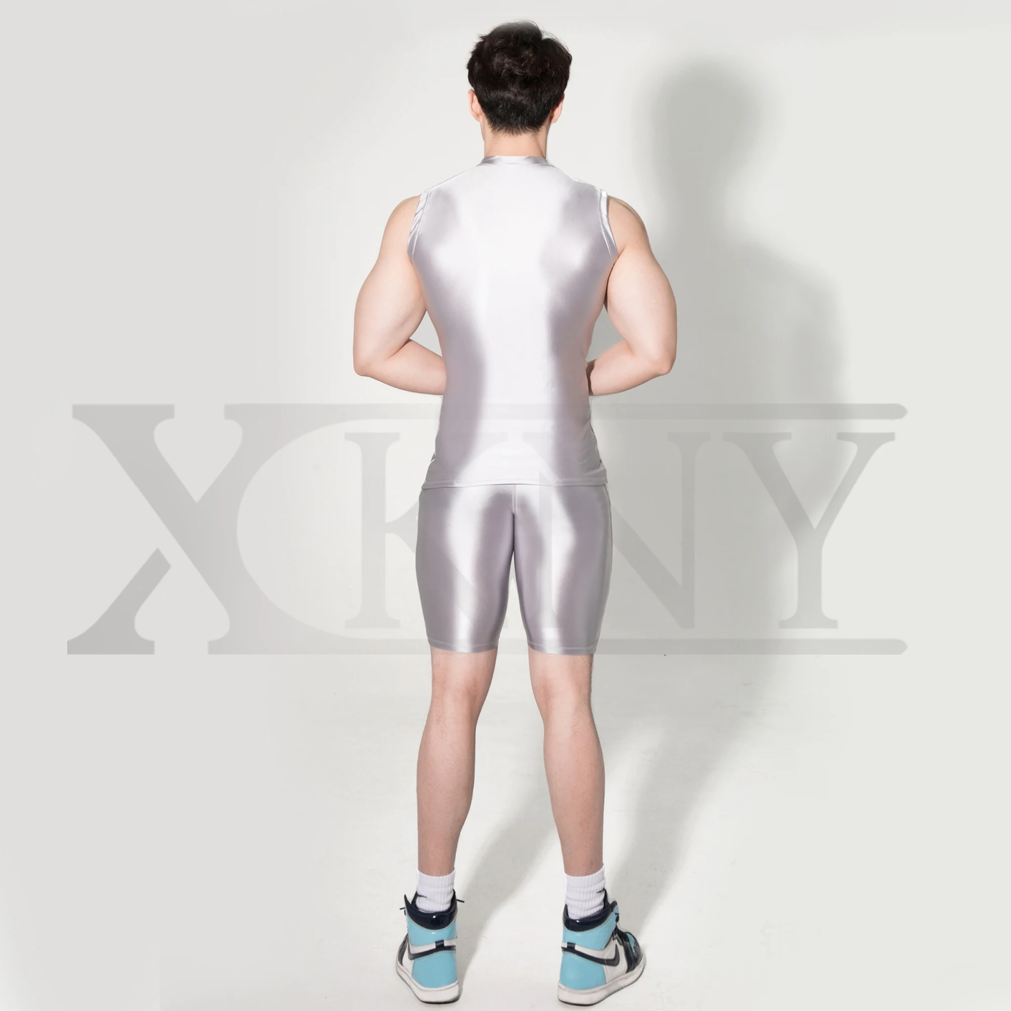 XCKNY men Silk GLOSSY suit sexy luster High Waist Shorts Pants smooth bodybuilding oily shiny Yoga running sportswear AMORESY