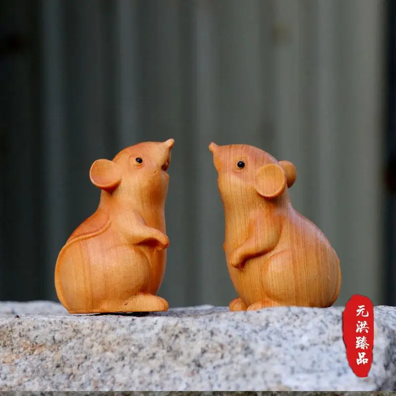 Hand Wood Carving Mouse Ornament Miniature Zodiac Animal Handicrafts office desk Home Decoration Figurine es kids gift