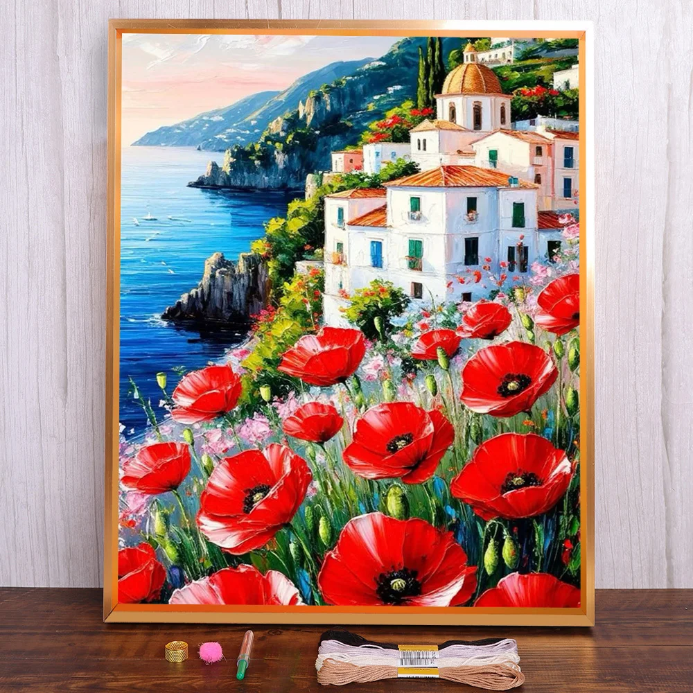 

Landscape Flower Poppy Pre-Printed Cross-Stitch Embroidery Patterns Craft Handmade Needlework Knitting Mulina For Adults Stamped