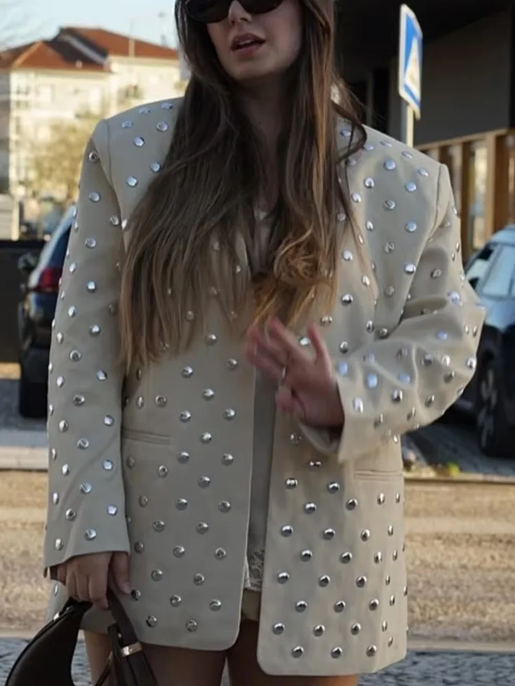 HH 2025 Women Summer New Rivet Decorative Casual Suit Jacket Female Elegant V-neck No-button Sequin Suit Long Sleeve Jacket