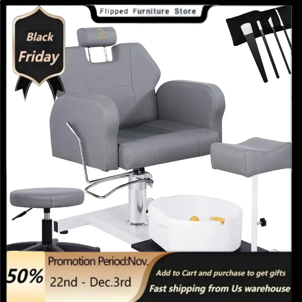 Reclining Pedicure Chair No Plumbing with Foot Massage Basin, Hydraulic Adjustable Pedicure Chair,  Beauty Spa Unit Station Gray