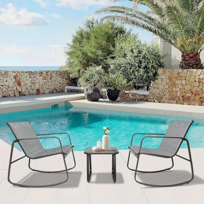 

3 Piece Outdoor Rocking Bistro Set, Textilene Fabric Small Furniture Set, Patio Conversation with Rocker Chairs and Glass Coffee