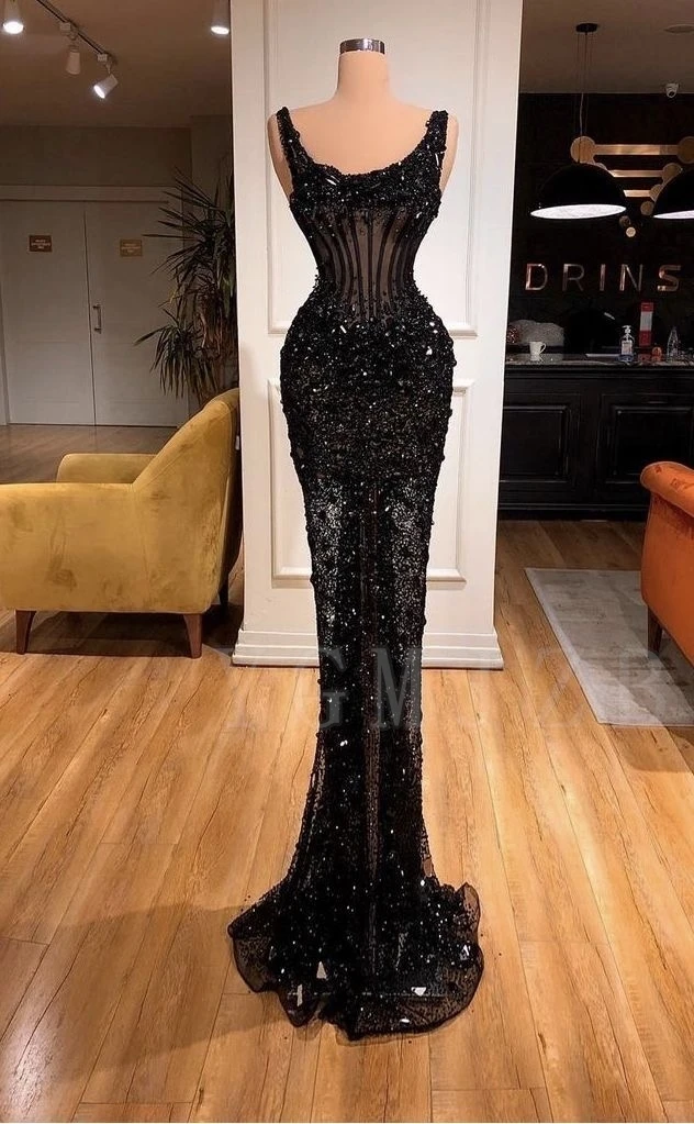 

Black Long Evening Dresses Luxury Mermaid Beaded Rhinestone Sleeveless Formal Prom Birthday Party Gowns for Wedding Customized