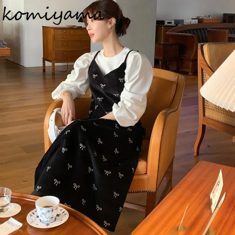 Spring Autumn Women 2025 Sets Round Neck Puff Sleeve Blusas + Sweet Corduroy Bow Strap Dress Korean New Temperament Suit