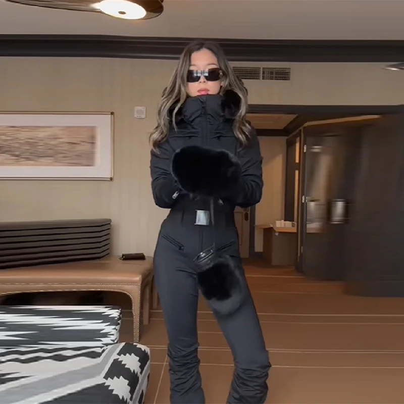 Women's Hooded Thicken Cinched Waist Jumpsuit Warm Stylish Exquisite Windproof Ski Set 2026 New Boutique Casual Sport Clothes