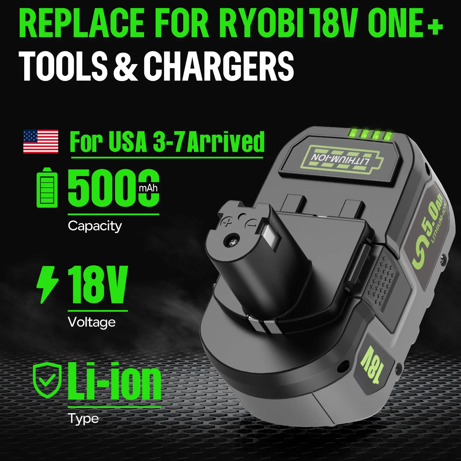 

18V 5Ah Li-ion Battery For Ryobi One+/P108/P107/P104/P103 Replacement For RB18L50/RB18L40 1/2Pack Option Available For USA