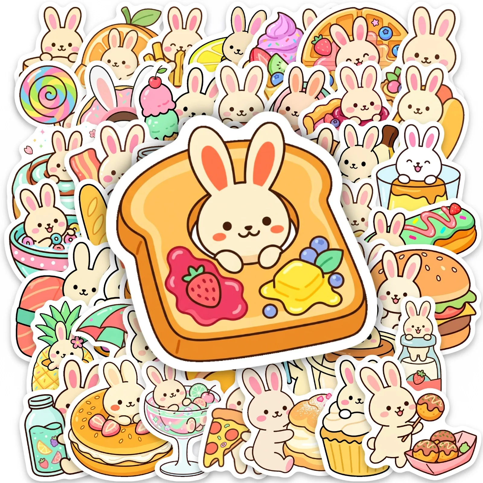 50-Pack Cute Rabbit Baking Theme Waterproof Stickers for Phone Tablet Guitar Notebook Stationery Decals