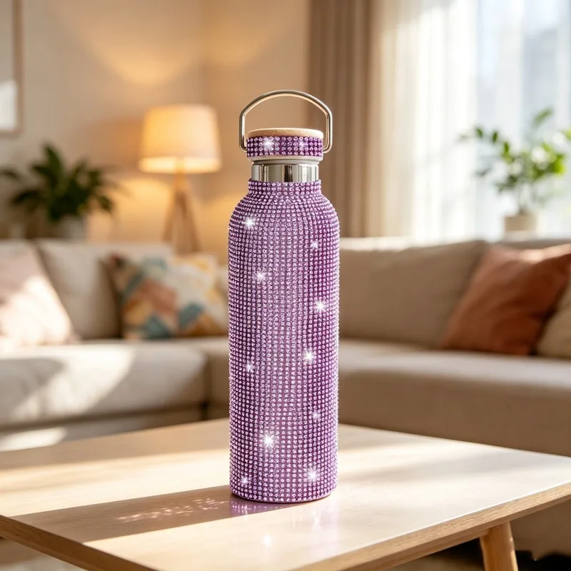 Purple Bling Rhinestone Water Bottle Vacuum Insulated Stainless Steel Bamboo Handle Lid Glitter Cup for Women Travel Gift