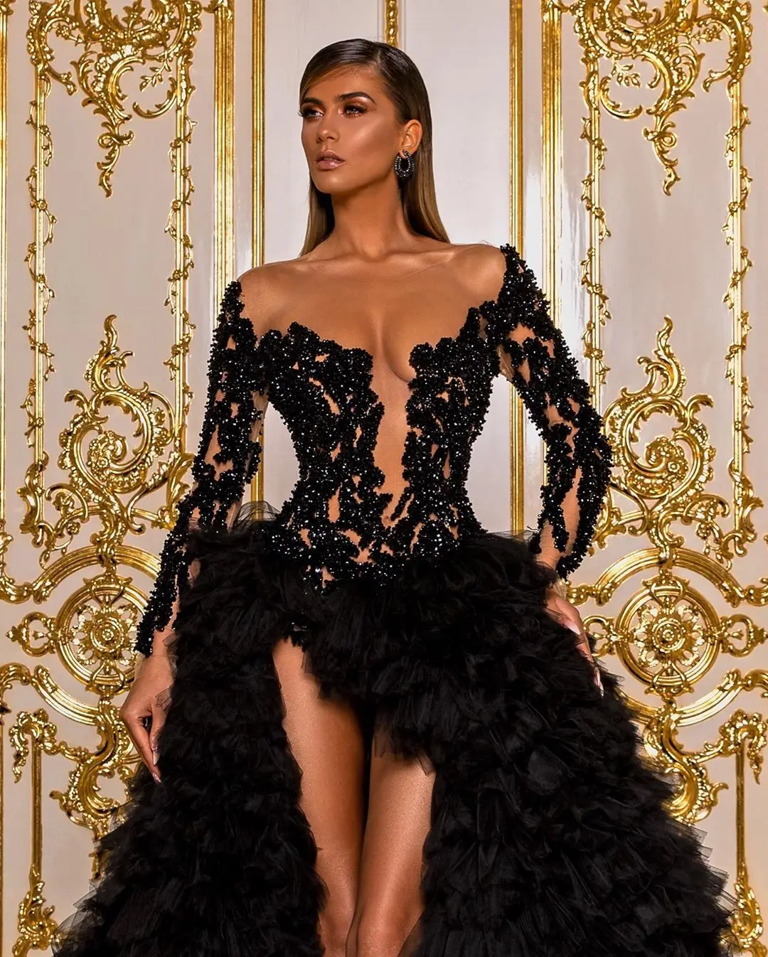 Black Luxury Elegant Evening Dresses Long Sleeves Sequins Appliques Ruffles Hi-Lo Tulle Women Prom Pageant Gowns Custom Made