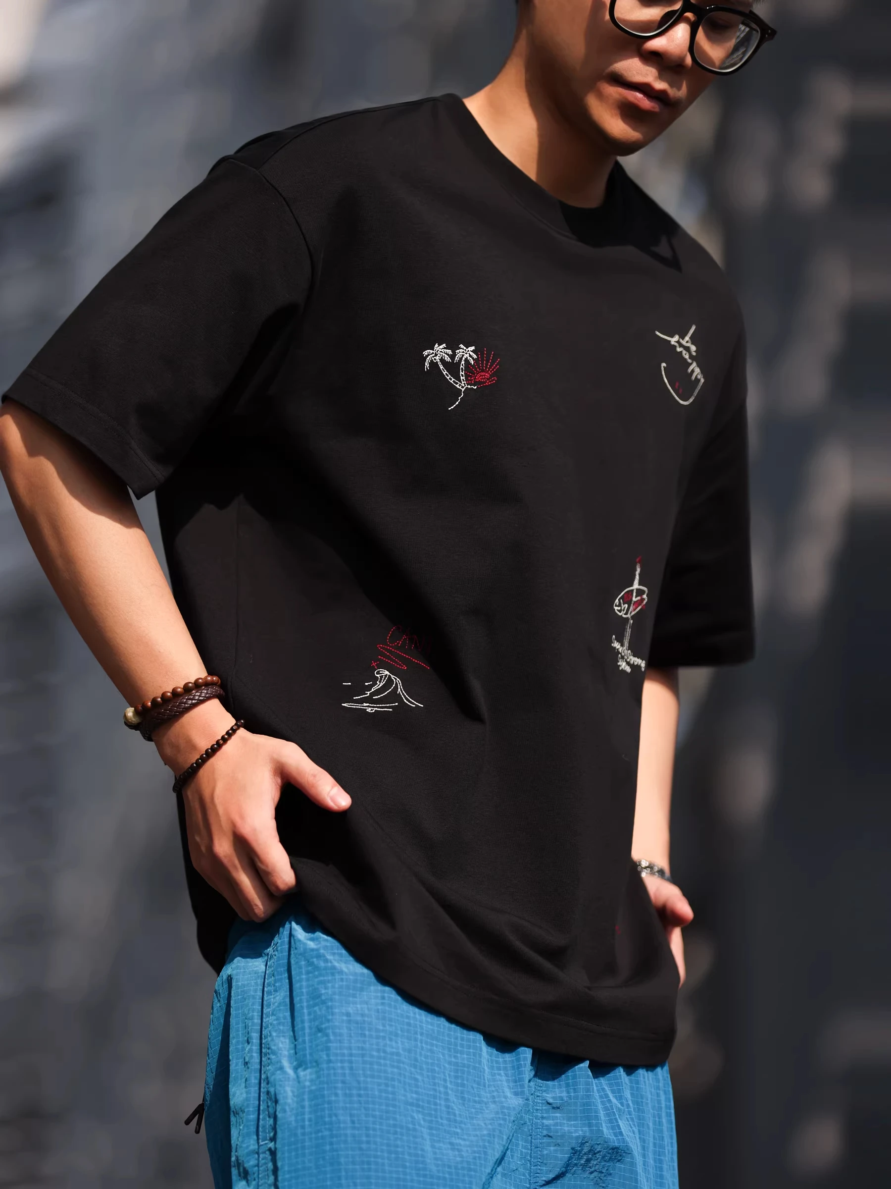 

Мужская летняя футболка свободного кроя с круглым вырезом и коротким рукавом, дышащая, из хлопка, для пляжного отдыха, с вышивкой