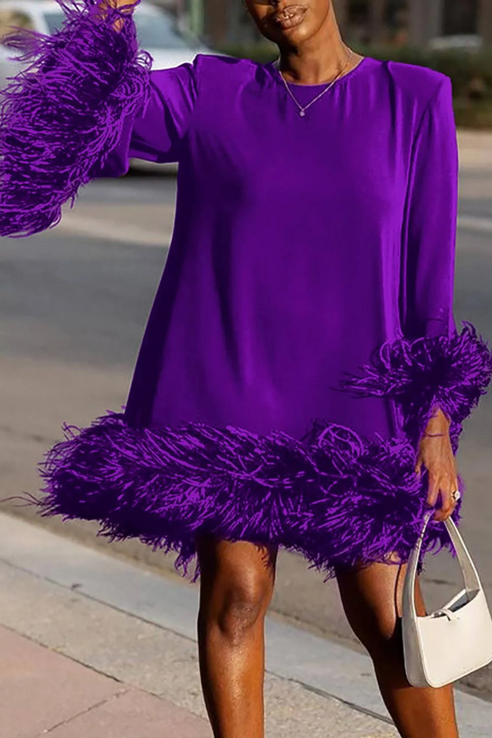 Plus Size Feather Mini Dress Long Sleeve Round Neck Elegant Party Straight Dress Spring Flare Sleeve Casual Chic Dresses 2024