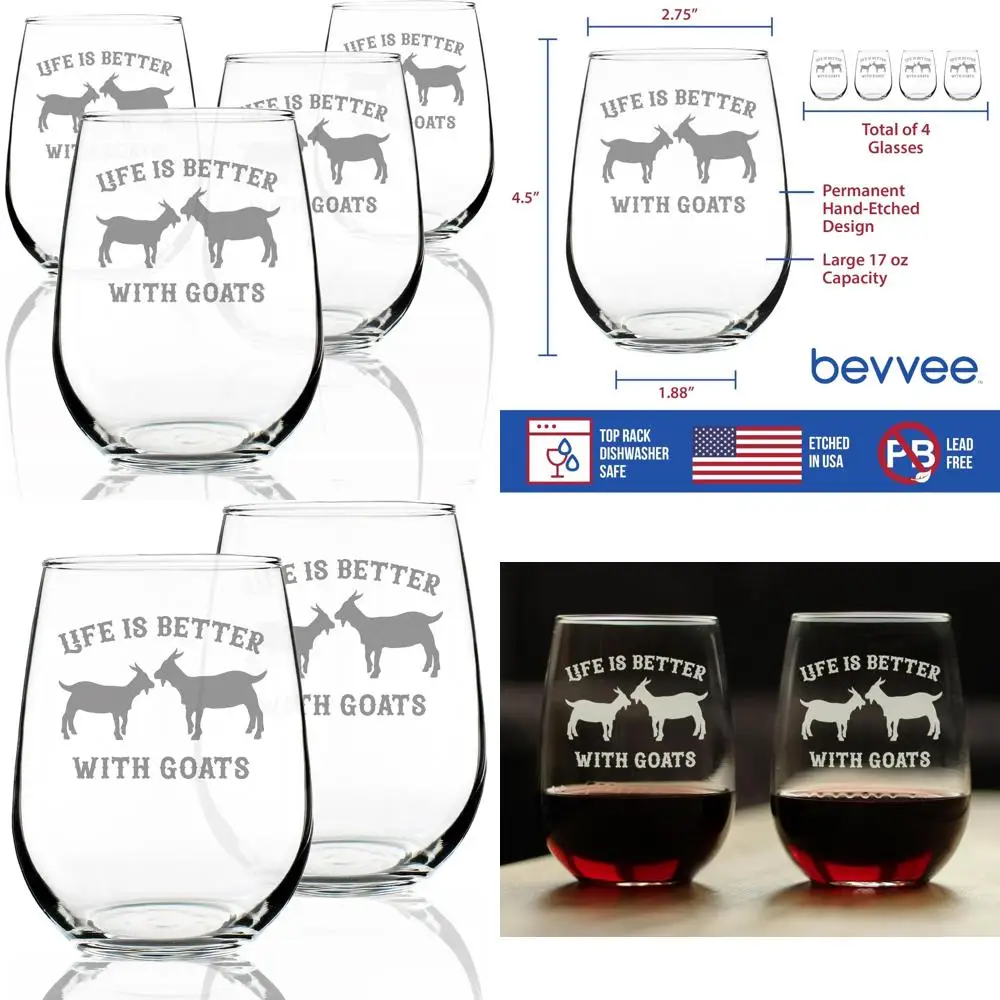 

Goats Make Life Better - Set of 4 Stemless Wine Glasses - Humorous Farm Animal Themed Gifts - Large 17 Oz