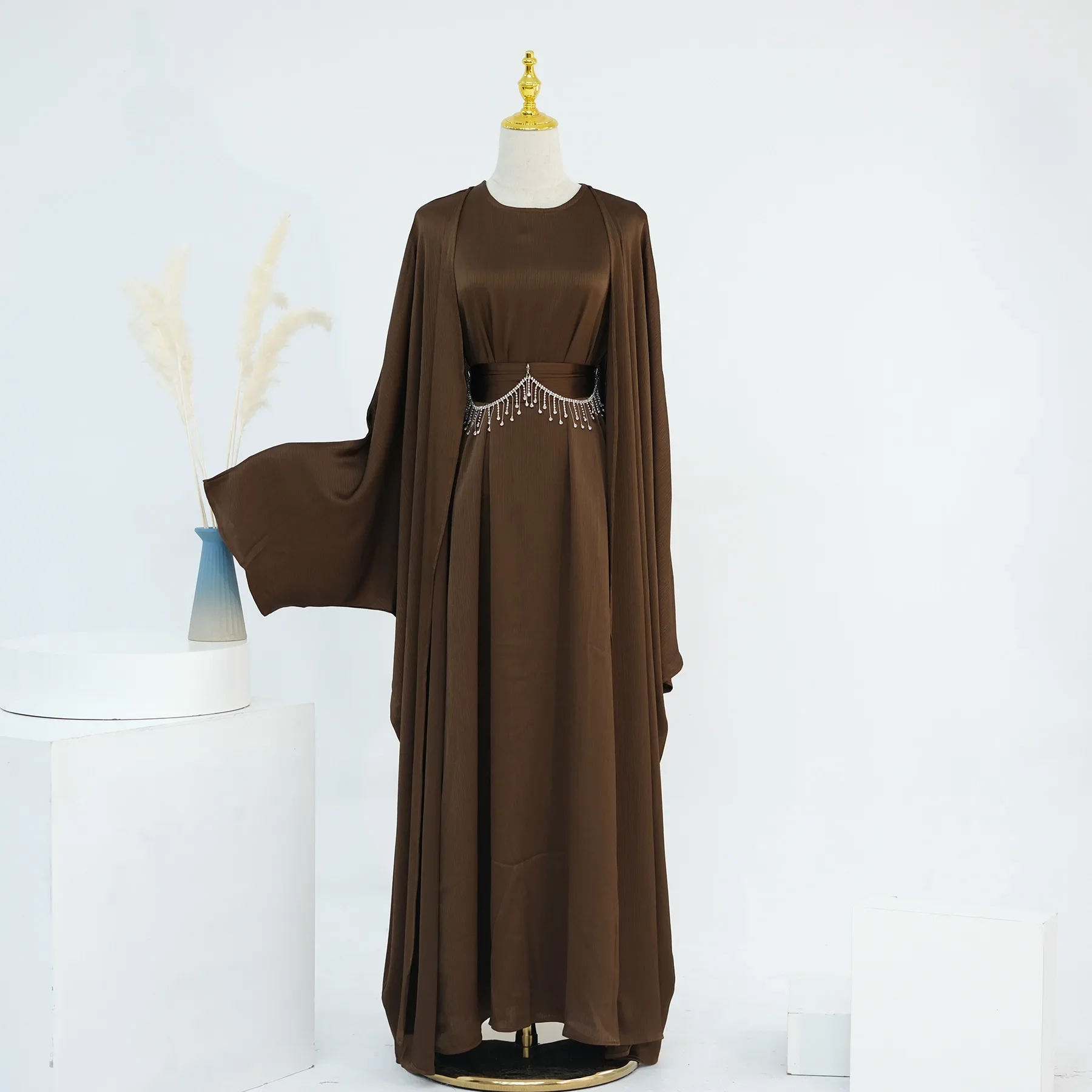 Abaya Ouverte en Satin Déformable pour Femme Musulmane, Ensemble de 2 Pièces, Robe de Soirée de Luxe Dubaï, Turquie, Kaftan, Tenues Islamiques