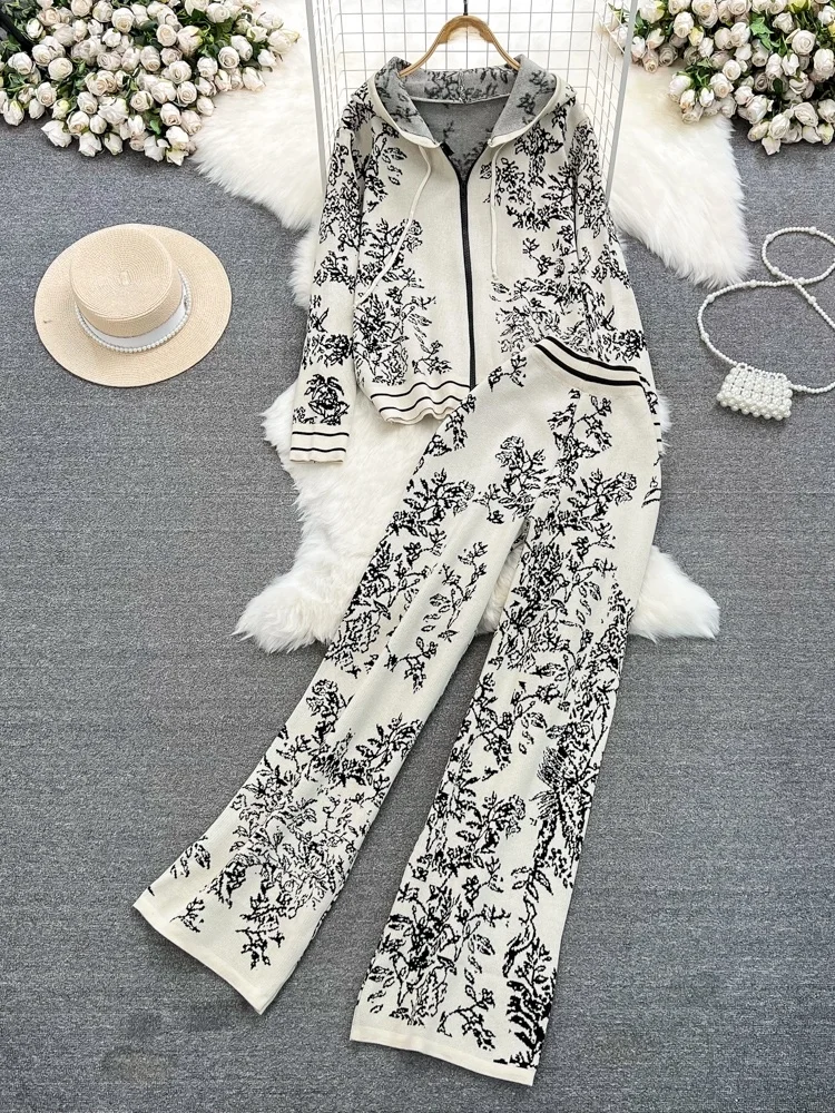 

Faionable Women's Knitted Set High Waist Wide Leg Pants Zipper Hoodie Two-Piece Suit Autumn Winter Ink Painting Pattern