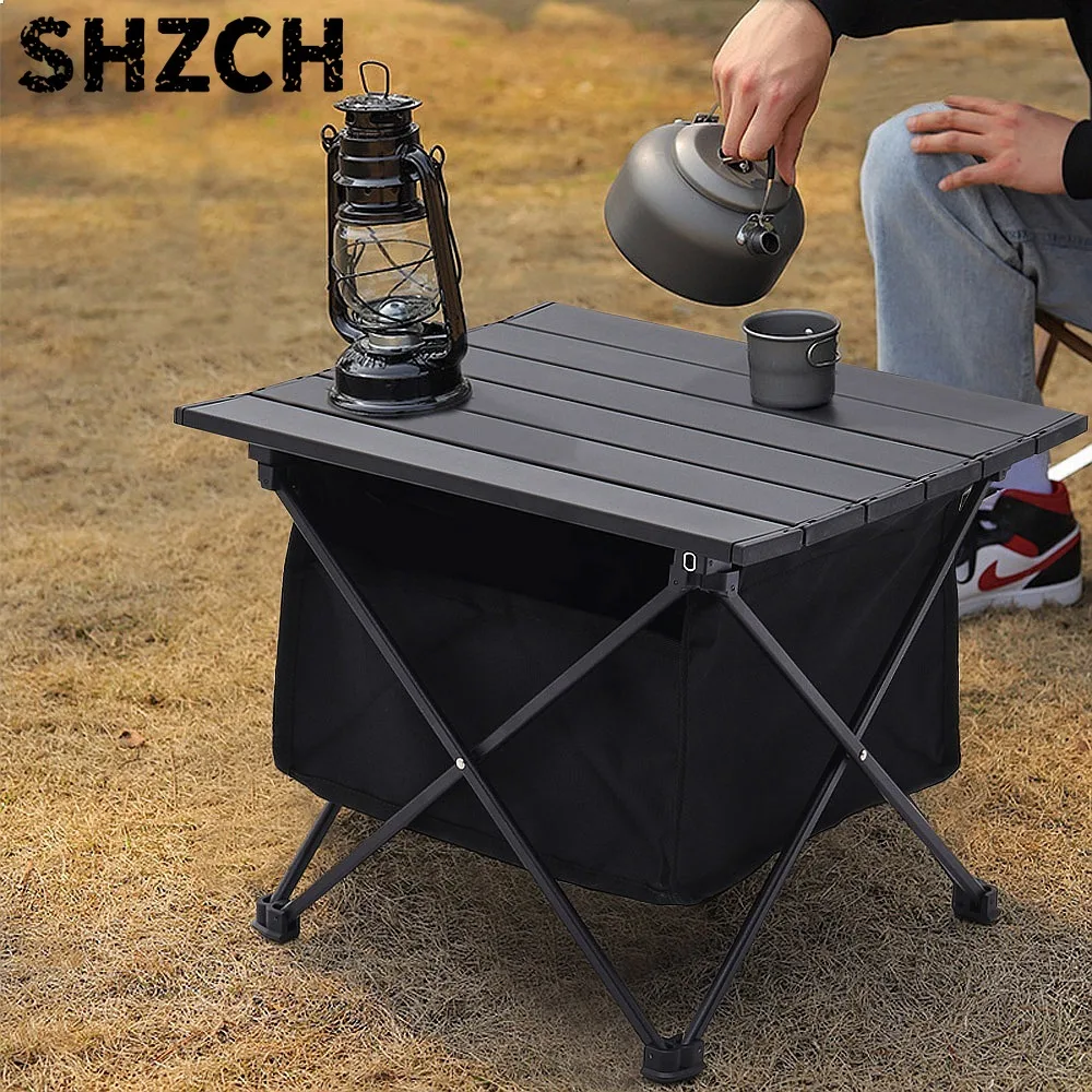 Aluminum Portable Roll-Top Camp Table with Removable Storage Basket