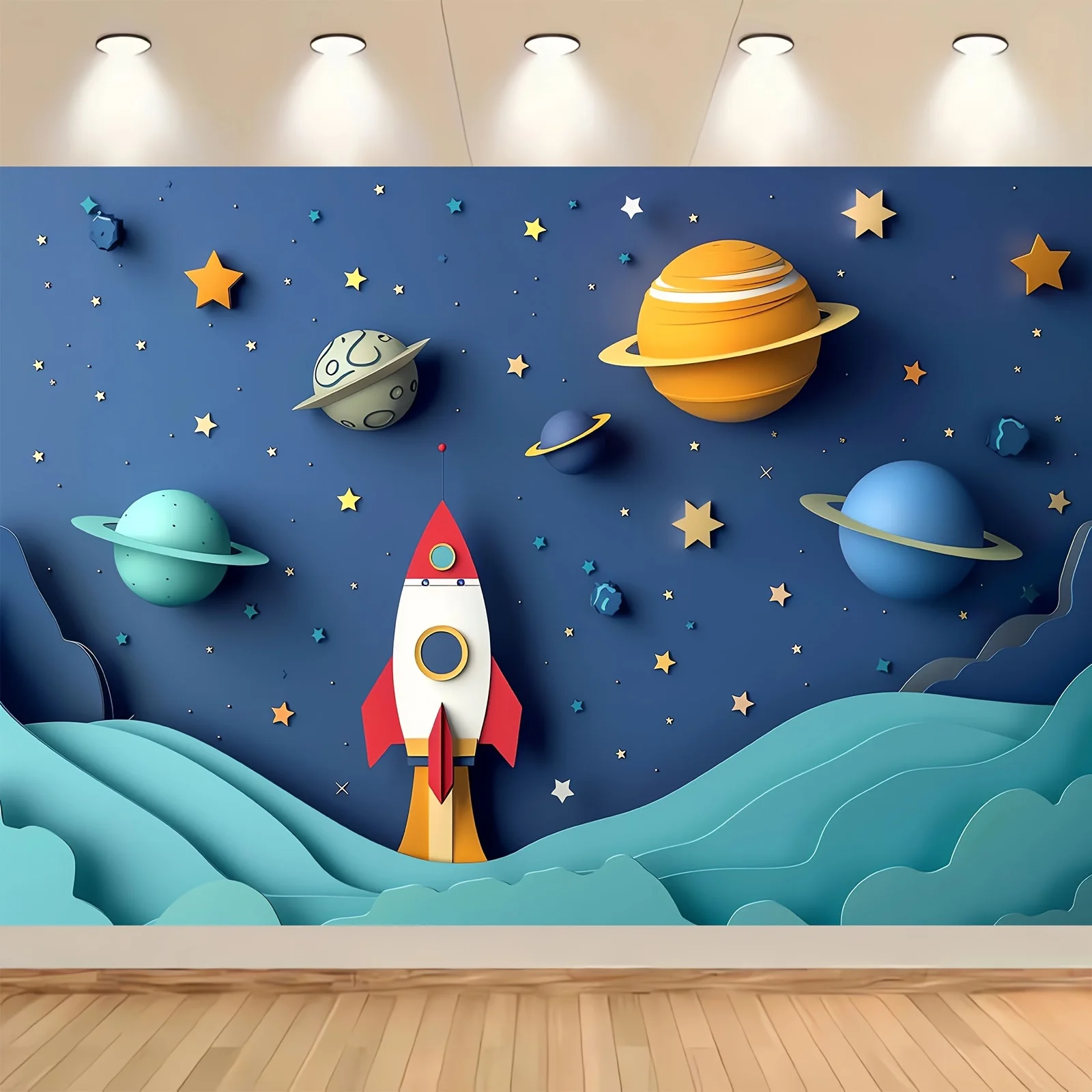 Space-Themed Photography Backdrop - Cartoon Spaceship & Galaxy Design, Polyester, Versatile For Birthday