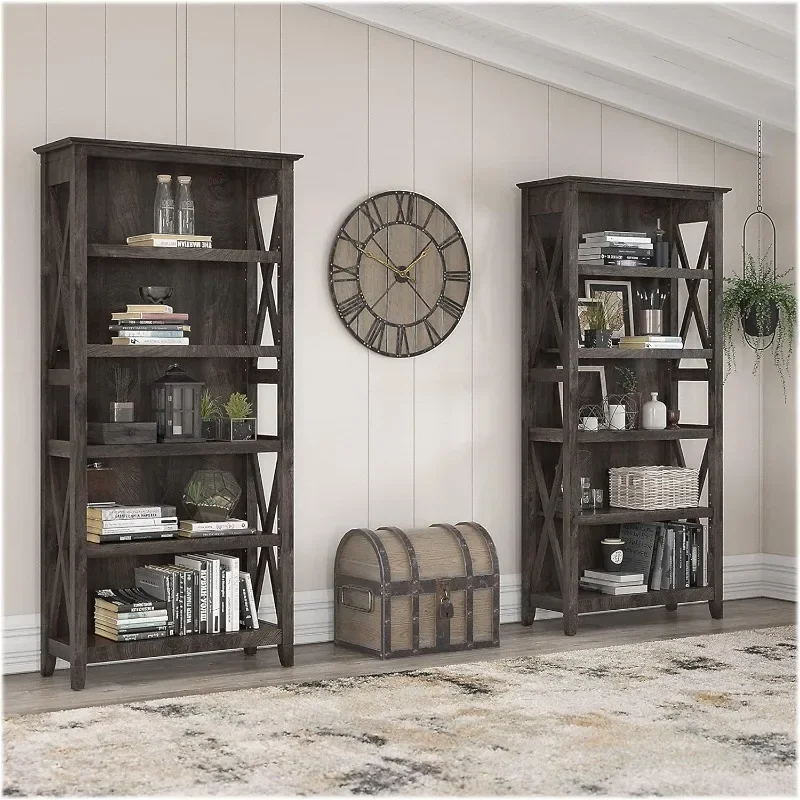 5 Shelf Bookcase - Set of 2 .Sturdy Display Shelves for Library, Living Room, and Home Office