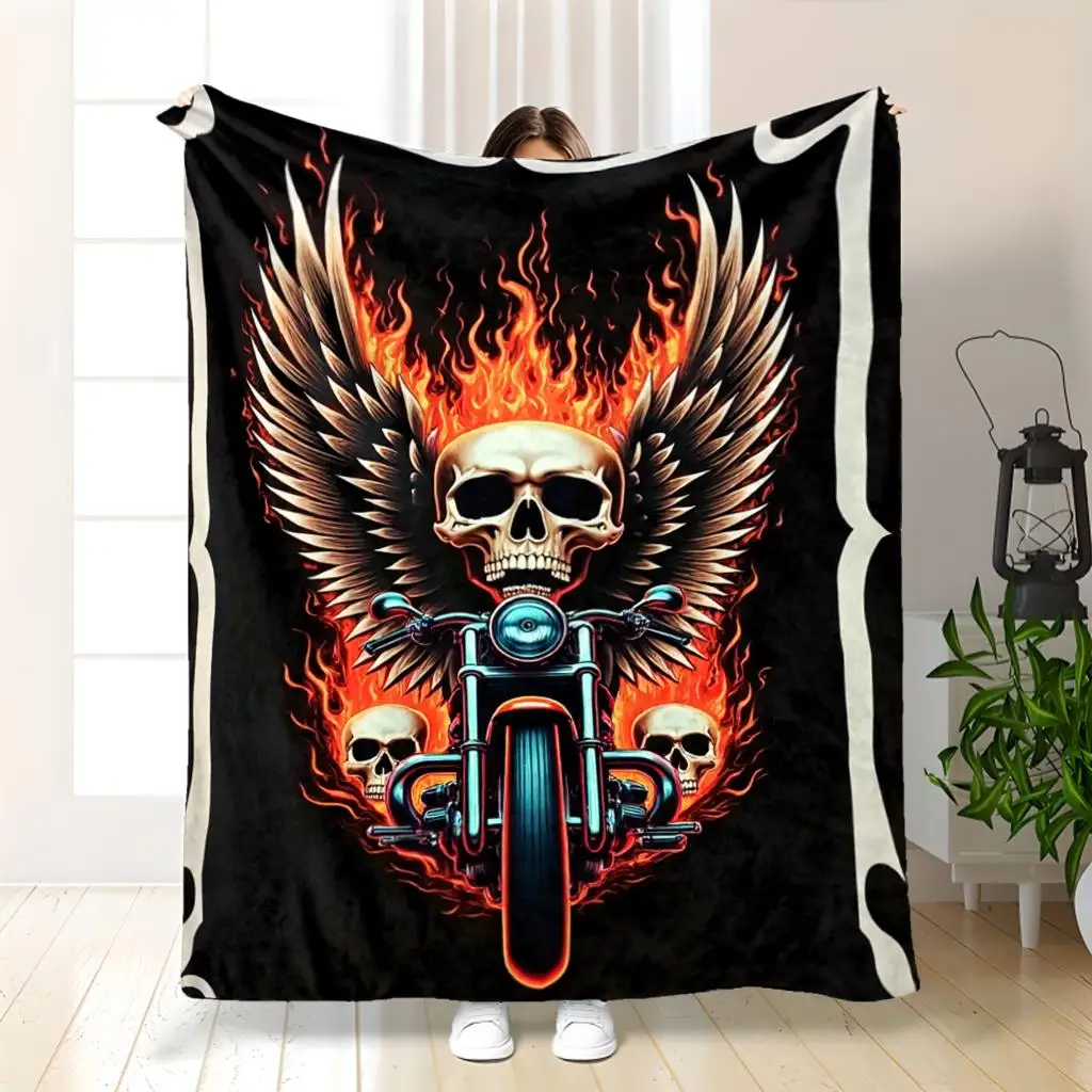 Skeleton-winged Flame Motorcycle Flannel printed blanket suitable for all seasons suitable for living room office sofa travel