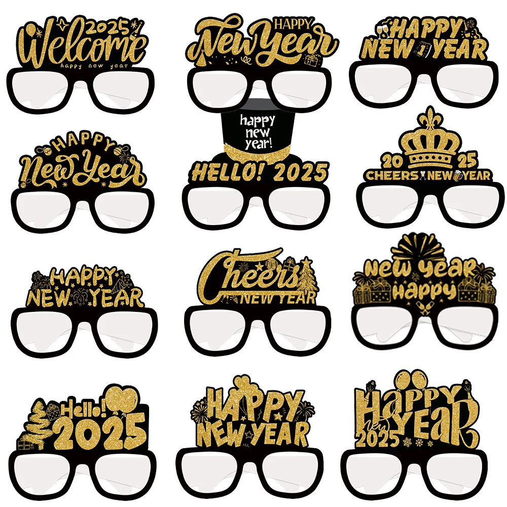 2025 Happy New Year Party Glasses Black and Golden Paper Eyewear Photo Props for New Year Eve Festive Celebration Accessories