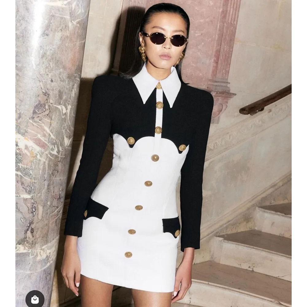 

Women Elegant Long Sleeve Polo Collar Black White Patchwork Bodycon Bandage Dress Office Ladies Business Evening Party Formal