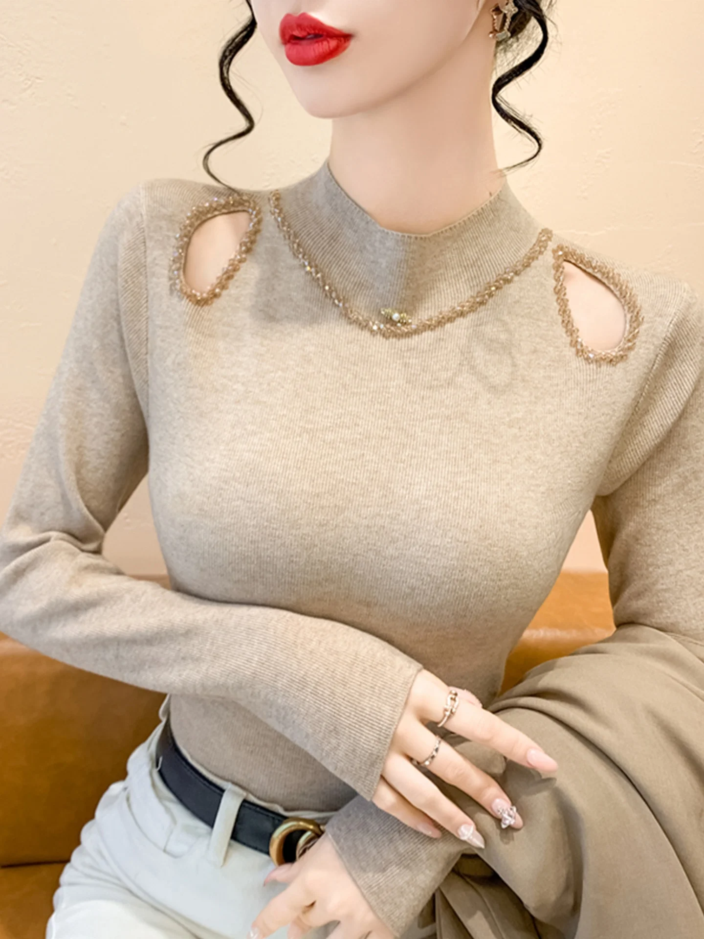 Seksowny sweter z odkrytymi ramionami, długi, dzianinowy, damski, dopasowany, z wysokim kołnierzem, warstwa bazowa, zimowy, jesienny, zdobiony koralikami, ciężki top.