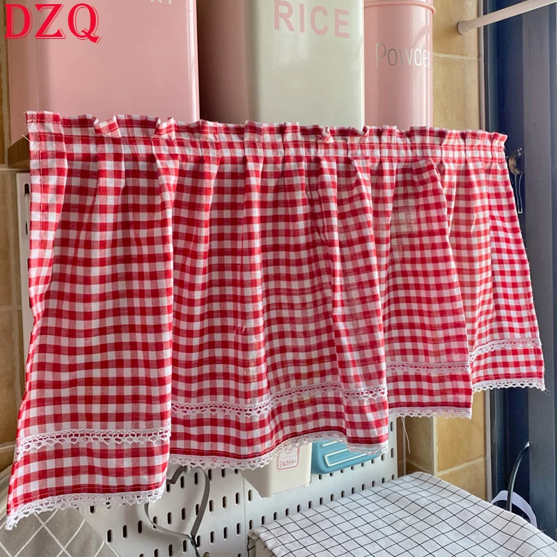 South Korea Red/Blue Plaid Short Curtains for Kitchen Japanese Bottom Lace Half Curtain Coffee Valnace #A090