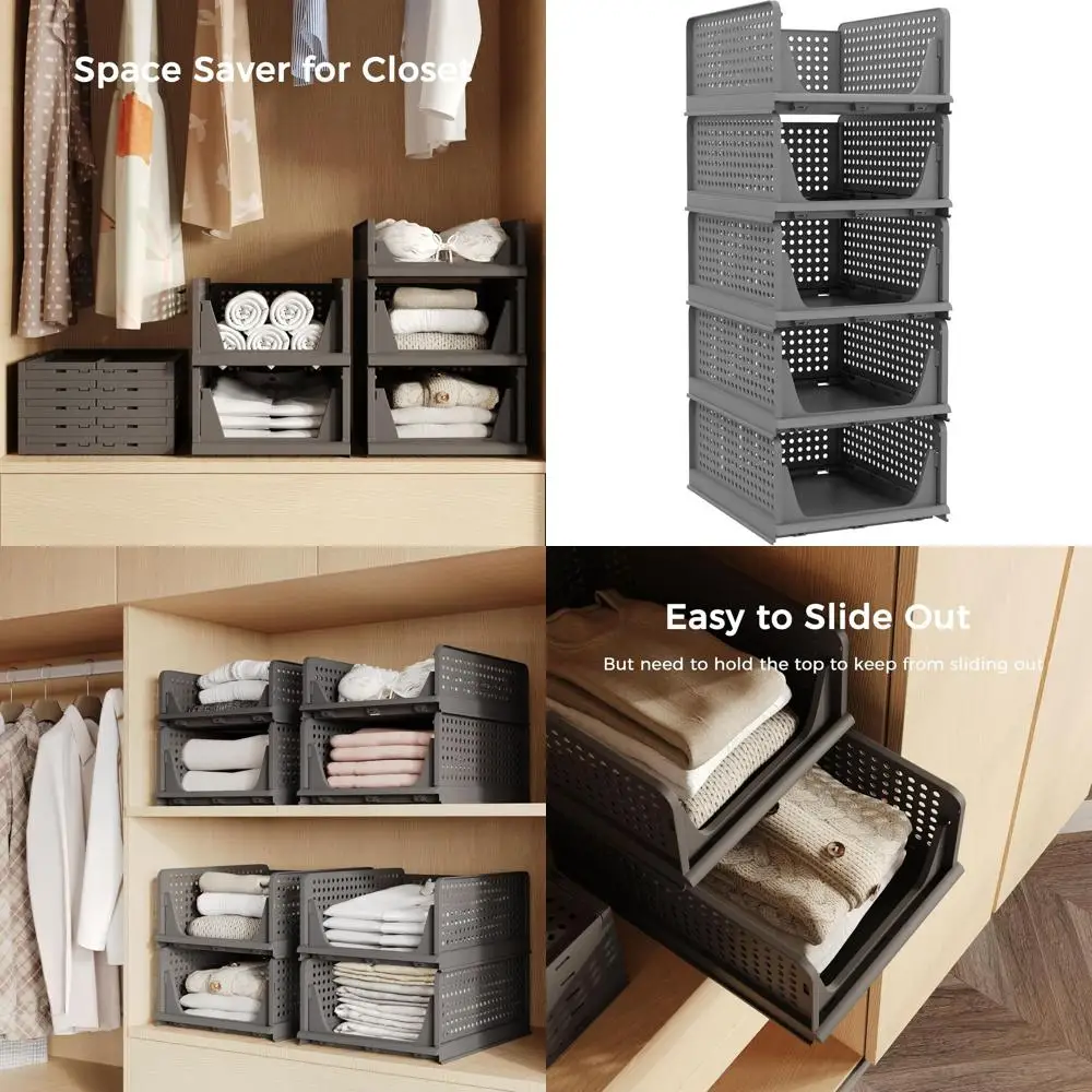 

Stackable Plastic Closet Organizers - 5 Pack for Clothes, Baskets, Storage in Bedroom, Bathroom, Office (Black)