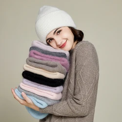 VISROVER 9 Colors Unisex Solid Color Real Rabbit Fur Beanies Winter Hat For Woman Knit Bonnet Thicken Woman Autumn Warm Skullies