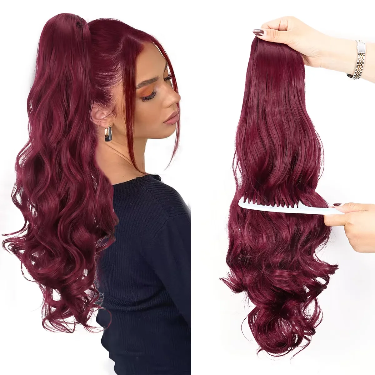 

24 Inch Long Body Wave Ponytail hair Extension Synthetic Heat Resistant Long Drawstring Curly Wavy Ponytail Hairpieces For Women