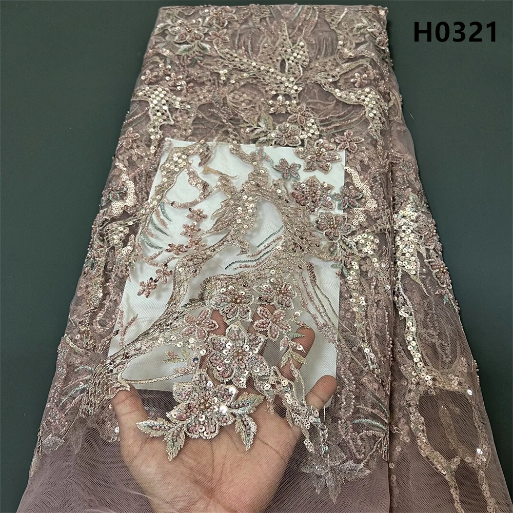 African Nigerian2024 Tulle Lace Fabric High Quality Embroidery French Guipure Sequins Wedding Party Dress 5Yards Beaded H0164