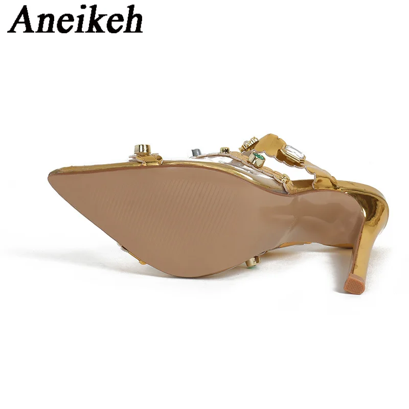 Aneikeh2024 Sexy Mixed Colors Bling Rhinestone Single Shoe Women\'s Flock Pointed Slingbacks Embroidery Thin Pumps Party Wedding
