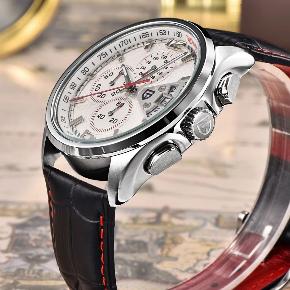 PAGANI DESIGN ساعة رياضية كلاسيكية للاستخدام الخارجي مقاومة للماء من الجلد كوارتز ساعة عسكرية متعددة الوظائف مضيئة للرجال