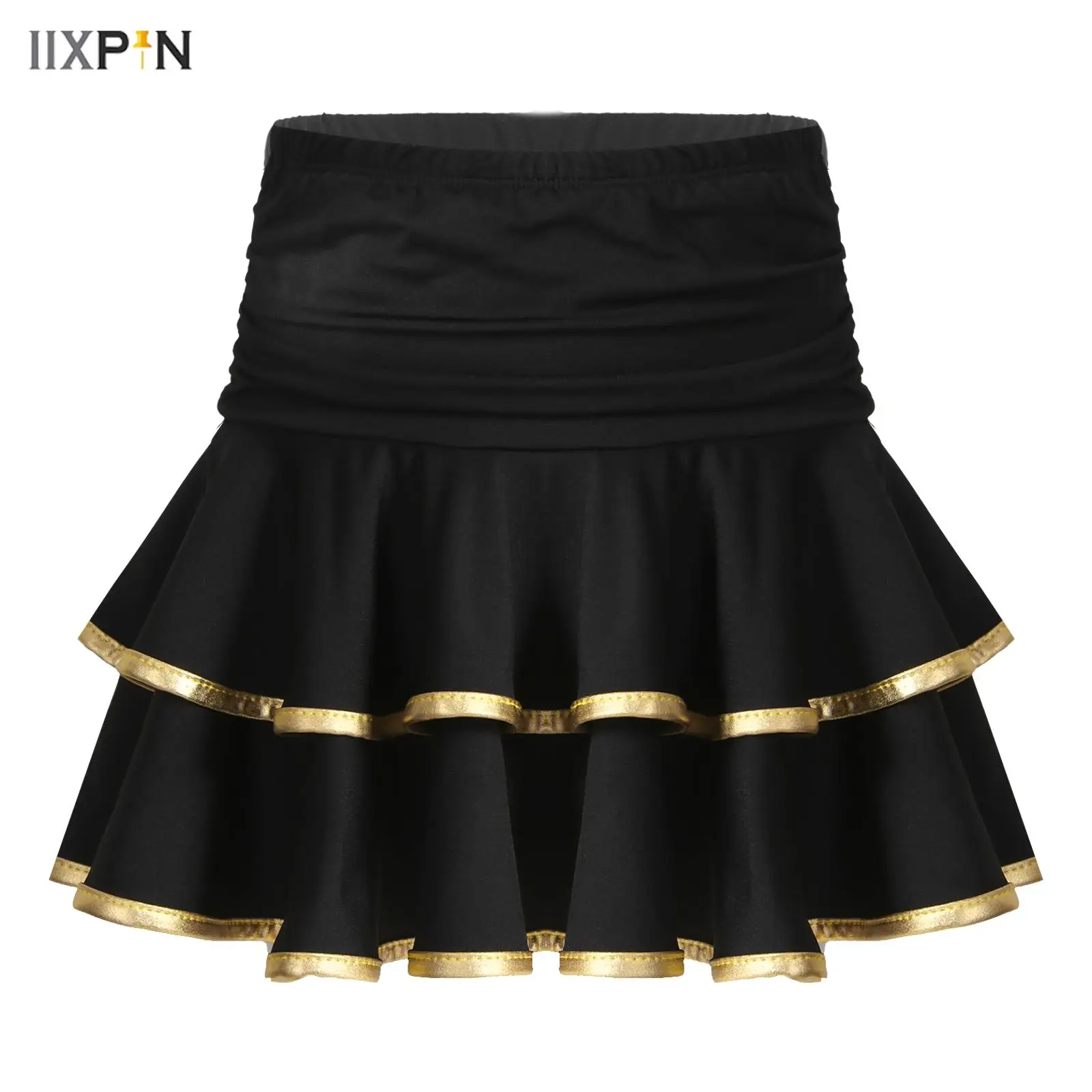 

Kids Girls Latin Dance Skirt Elastic Waistband Tiered Style Dance Skirt Stage Performance Costume Latin Samba Ballroom Dancewear