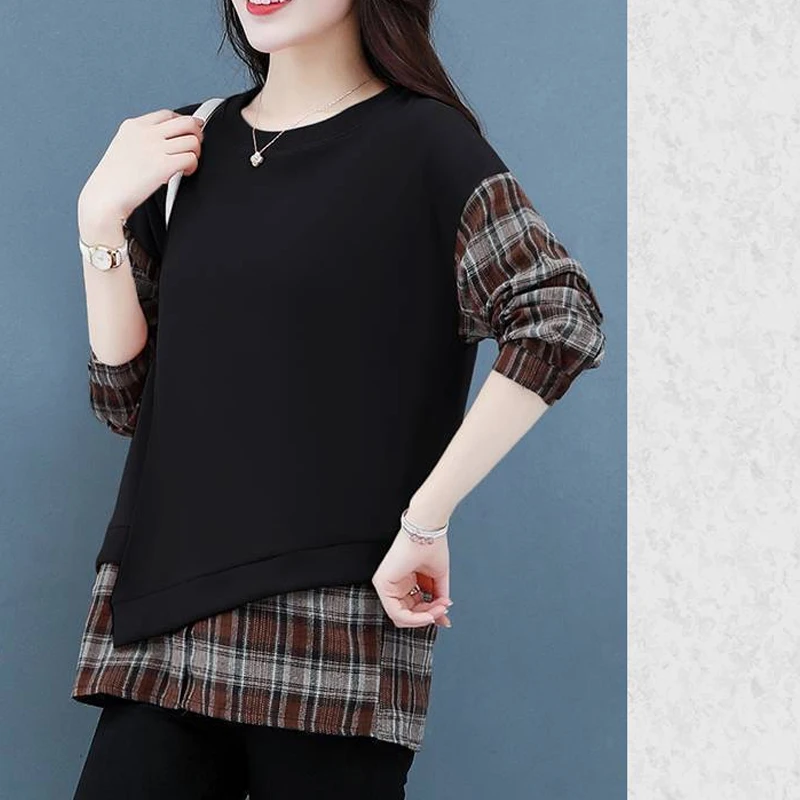 2023 Spring Autumn New Fashion Round Neck Long Sleeve Sweatshirts Women Casual Plaid Printing Patchwork Fake Two Pieces Tops