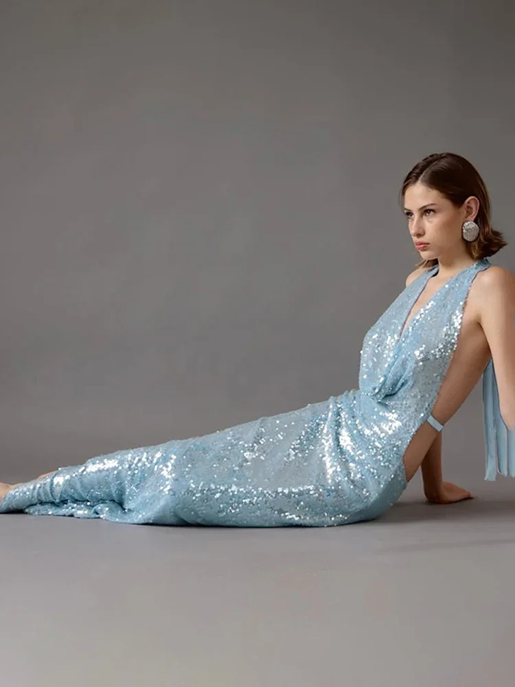 

Длинное платье с пайетками и пэчворком, женское, с бандажным лифом, открытыми плечами и вырезом-качели, без спинки, для вечеринок и выпускных, элегантное, цвета полуночного синего